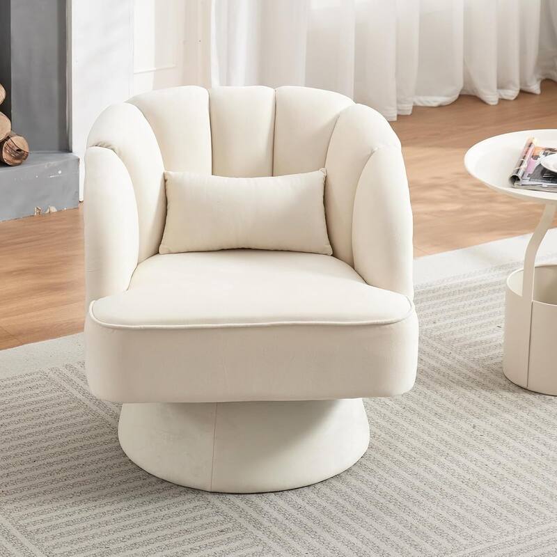 Velvet Upholstered 360° Swivel Accent Chair, Barrel Lounge Chair for Living, Bedroom Reading Nook - Beige