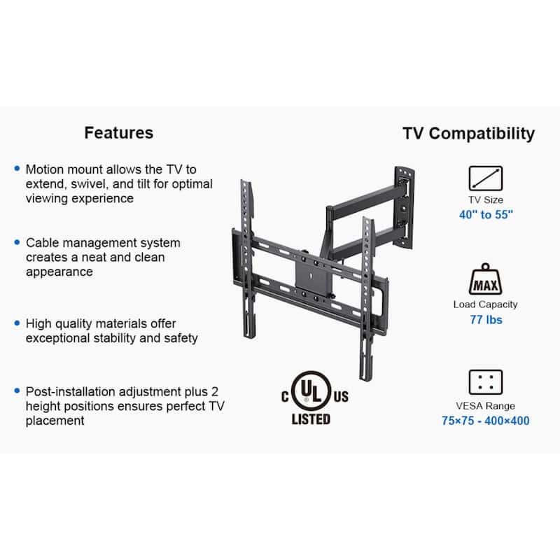 ErgoAV Single Stud Motion Mount for TVs 40″ to 55″ and up to 77lbs