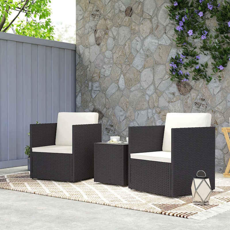 Folding Wicker Bistro 3-Piece Outdoor Set with Cushions and Glass Top