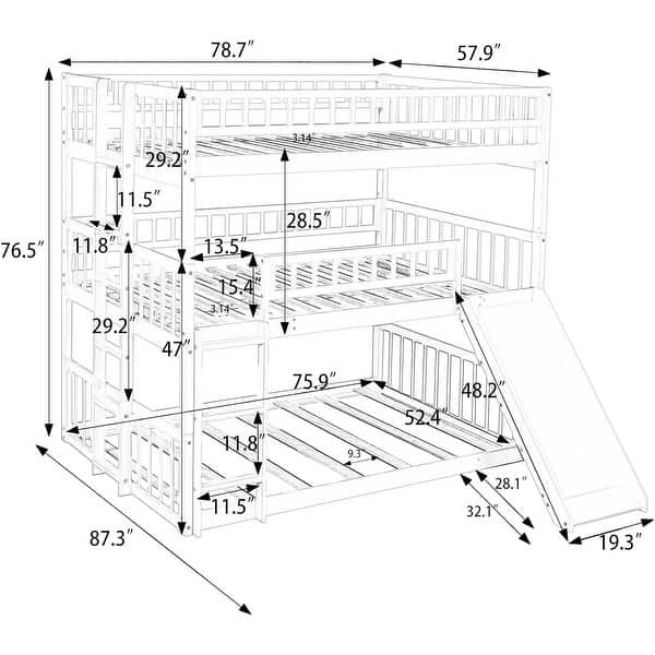 Triple Bunk Beds with Slide,Wooden Full-Over-Full-Over-Full Triple Bed with Built-in Ladder & Slide & Guardrails