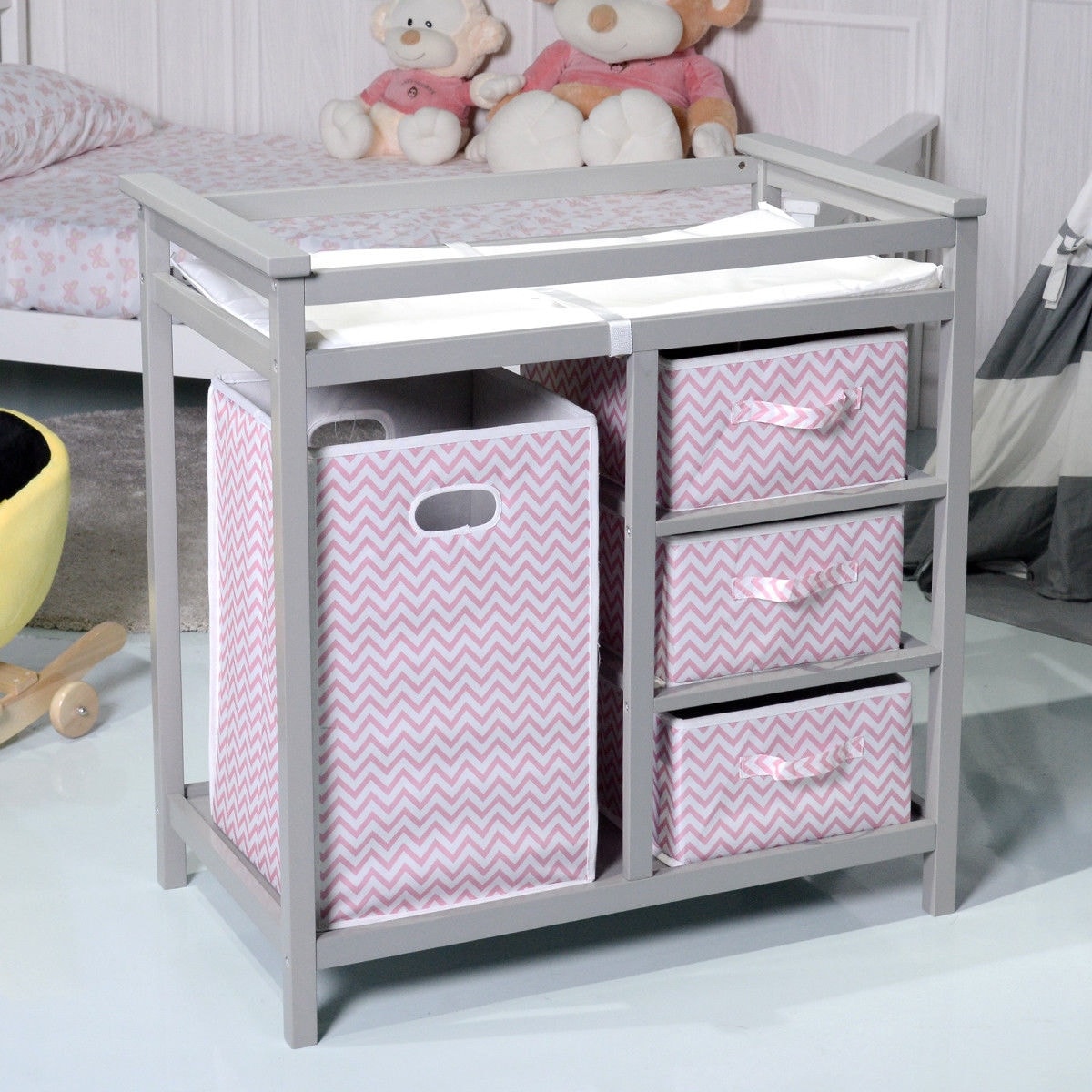 Shop Costway Gray Pink Infant Baby Changing Table W 3 Basket