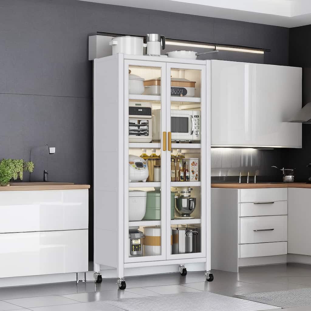 67'' Tall Kitchen Storage Cabinet, Metal Storage Cabinet with Wheels and Adjustable Shelves