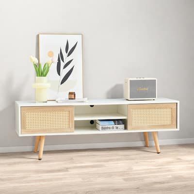 60" Rattan Woven TV Stand - Adjustable Shelves and Sliding Doors, Solid Wood Legs with PVC Feet