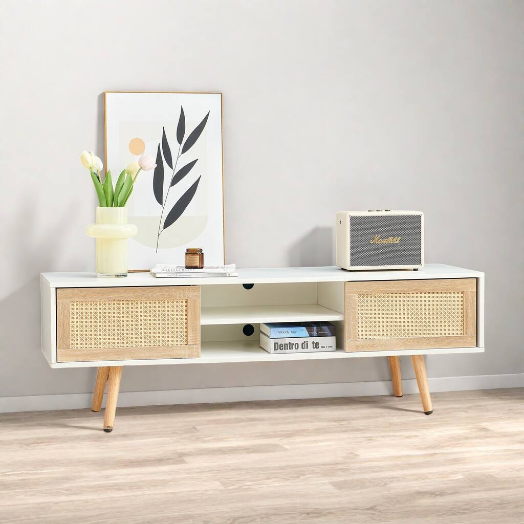 60" Rattan Woven TV Stand - Adjustable Shelves and Sliding Doors, Solid Wood Legs with PVC Feet