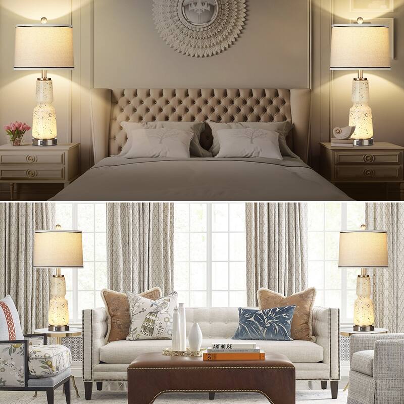 White Glass Table Lamps Nightlight 2in1 Ink Textile 2-Way Touch Switch (Set of 2) - 12'' x 12'' x 26'' (L x W x H)