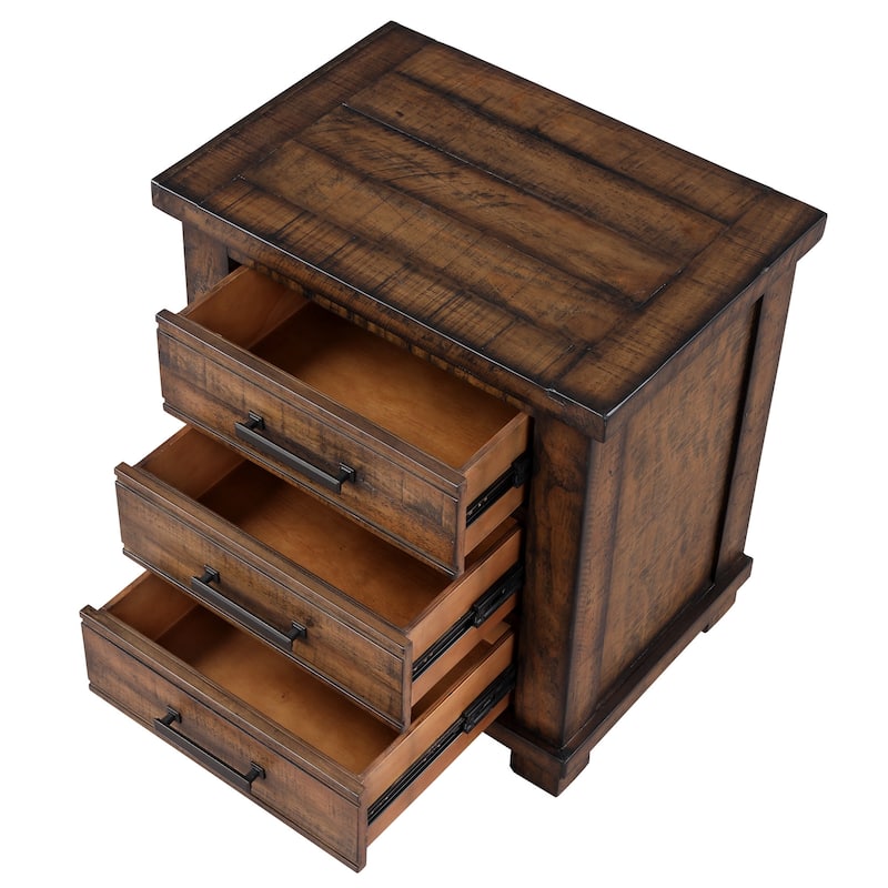 HomeRoots Set of Two 26" Walnut Solid Wood Distressed Three Drawer Nightstand