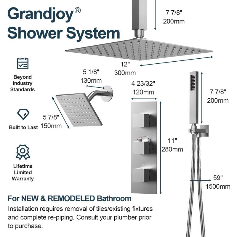 GRANDJOY 12" Ceiling-Mount Shower System Rainfall Shower Head with Anti-Scald Valve