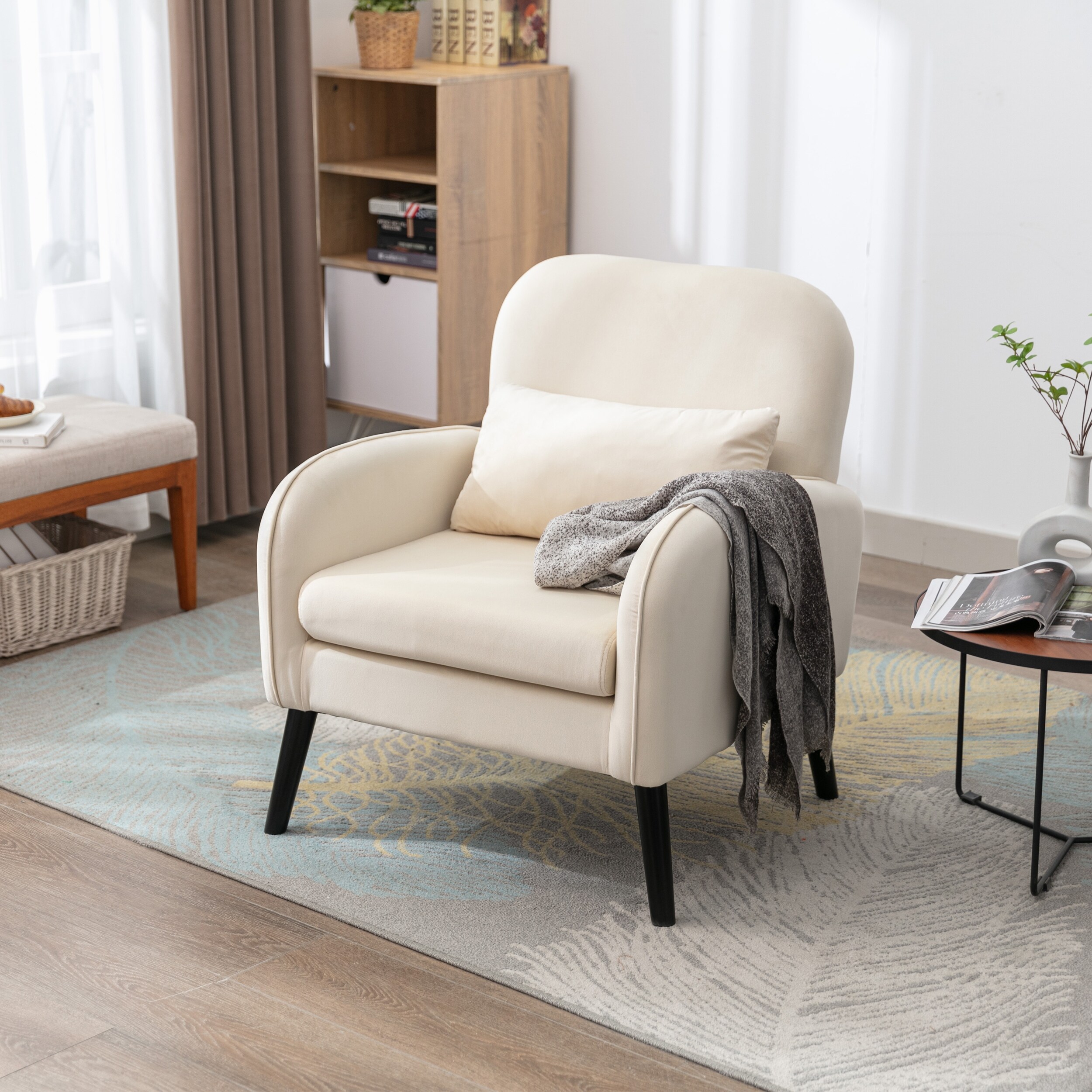 Mid Century Modern Accent Chair with Lumbar Pillow Living Room Chairs Casual Armchair with Golden Metal Legs Cream