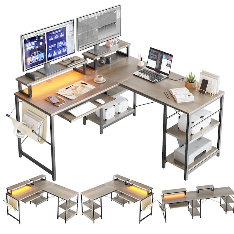 L Shaped Desk LED 95.2 Inch Computer Corner Desk with Keyboard Tray Monitor Stand - Grey Wash