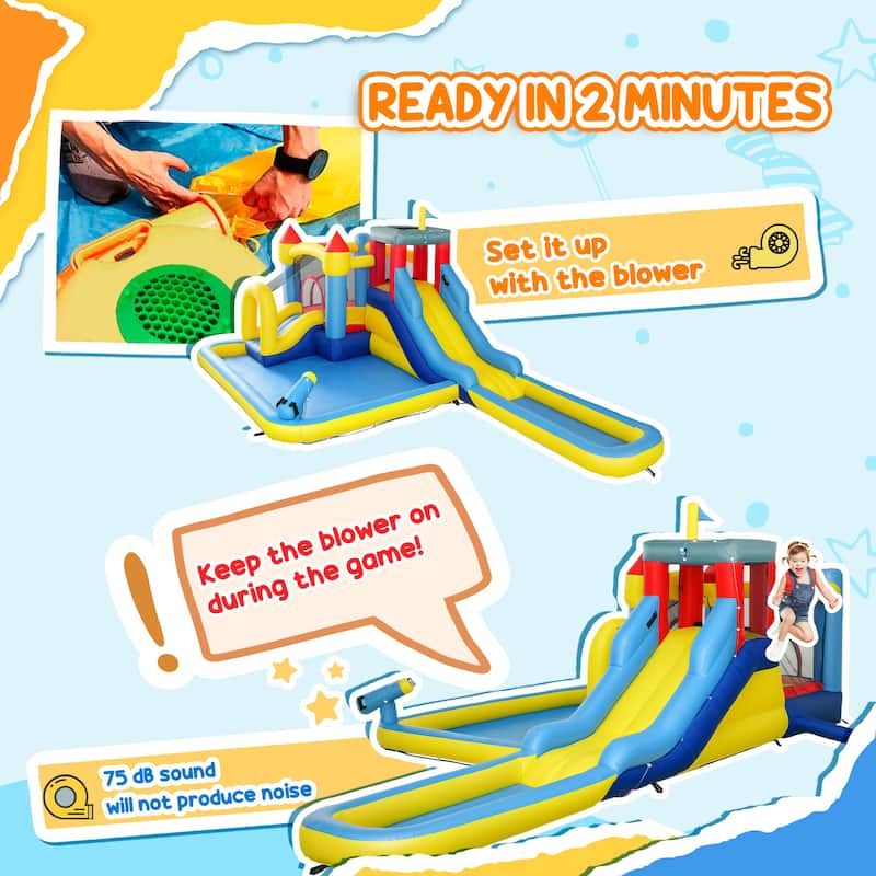 6 in 1 Inflatable Water Park with Splash Pool Slides Trampoline Climbing Wall Basketball Hoop Durable Oxford Fabric Backyard Fun