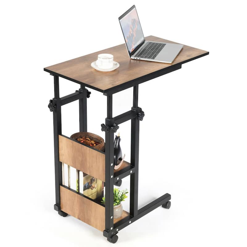 Gymax C-Shape Mobile Snack End Side Sofa Laptop Table W/Rolling Cart - See Details - See Details - Brown - Wood