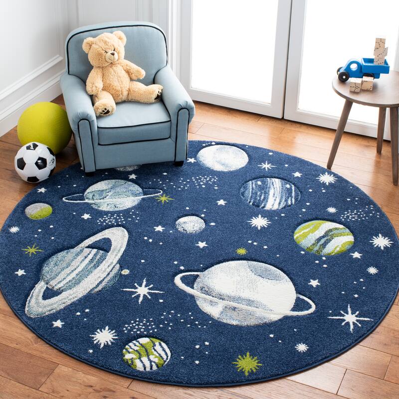 SAFAVIEH Carousel Kids Selvinaz Solar System Rug - 5'3" Round - Navy/Ivory