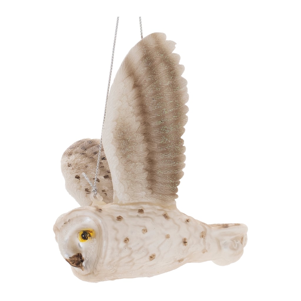 Glass Owl Christmas Ornaments Set of 6 in White and Beige - 4" x 3.5" x 4"