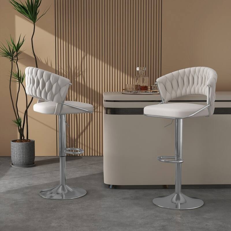 2/4 Set Velvet Adjustable Counter Stools Swivel Bar Stools With Backs - 24"-33" - Set of 2 - Ivory-Sliver