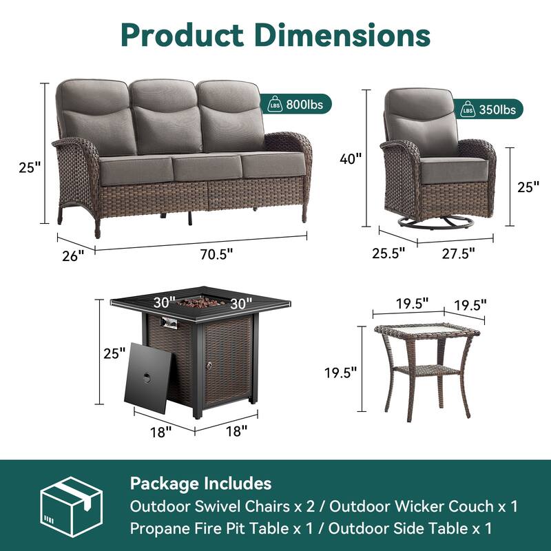 Pocassy Outdoor Sofa Swivel Chair and Ottman with Fire Pit Table