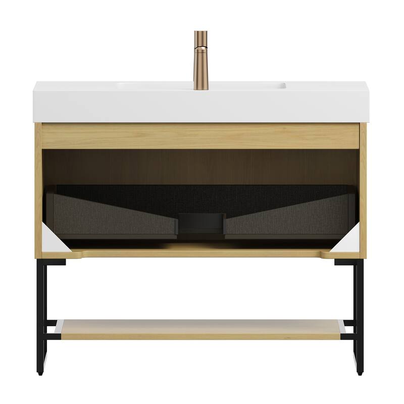 GDFStudio - Yolan 36" Freestanding Bathroom Vanity with Drawer & Open Shelf, Corolla Oak Finish & Ceramic Basin