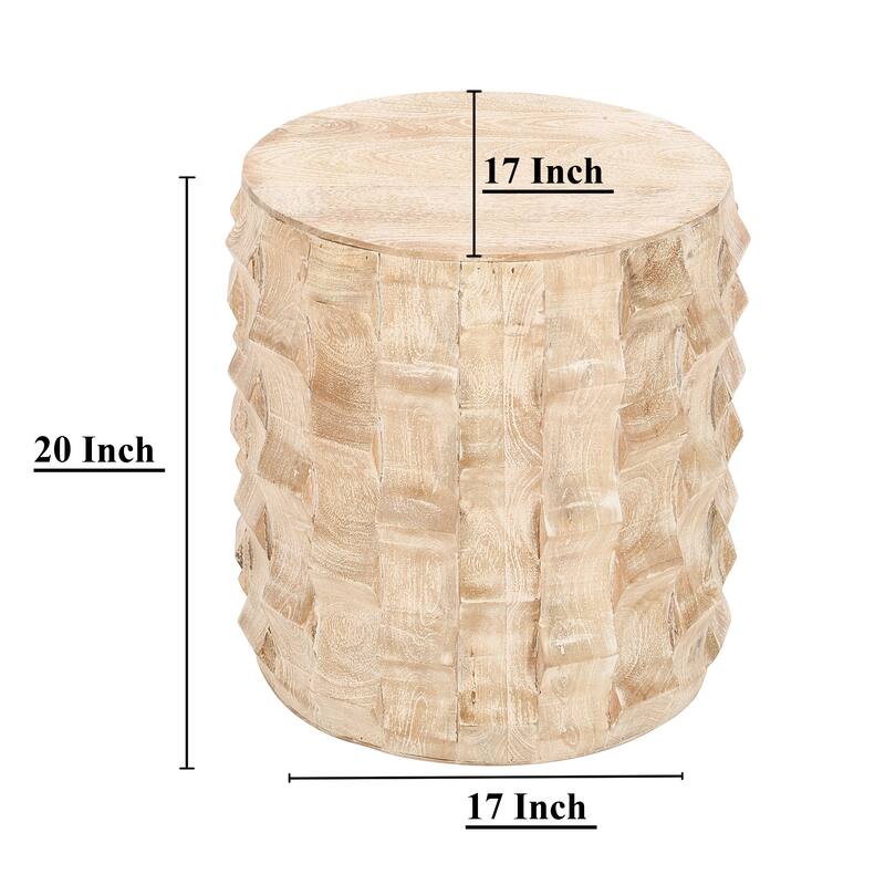 20 Inch Side End Table, Round Drum Shape with 3D Textured Design, Distressed White Finish