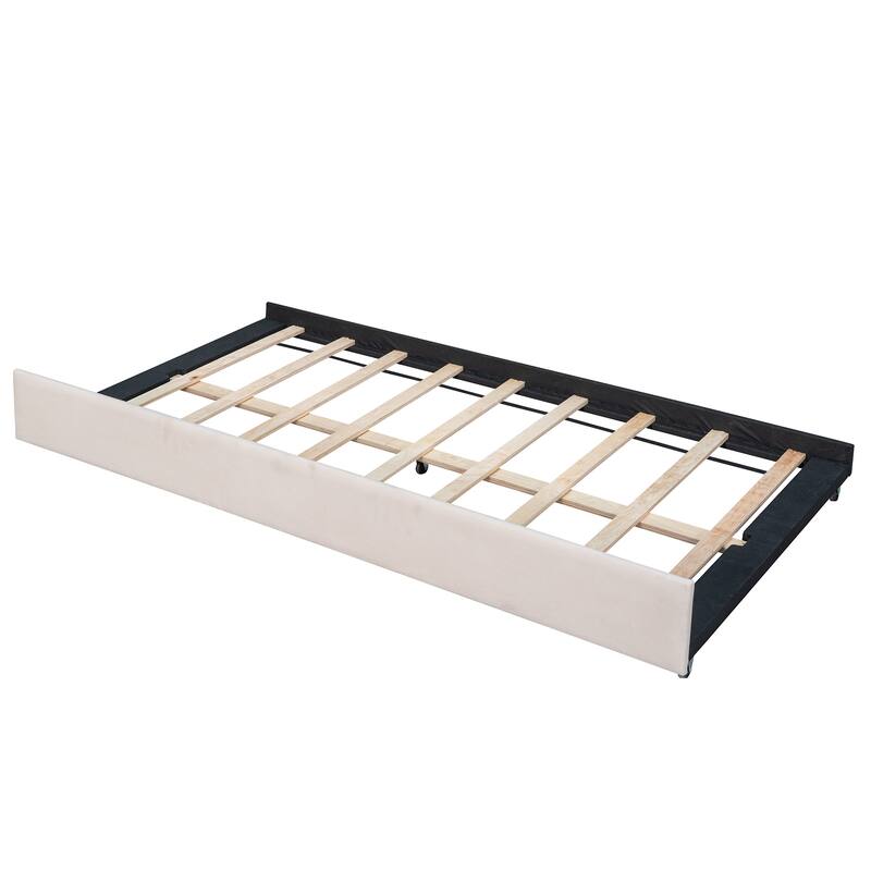 Twin Size Upholstered Daybed with Trundle, Wooden Tufted Sofa Bed Frame with 2 Drawers Underneath & Wood Slat Support