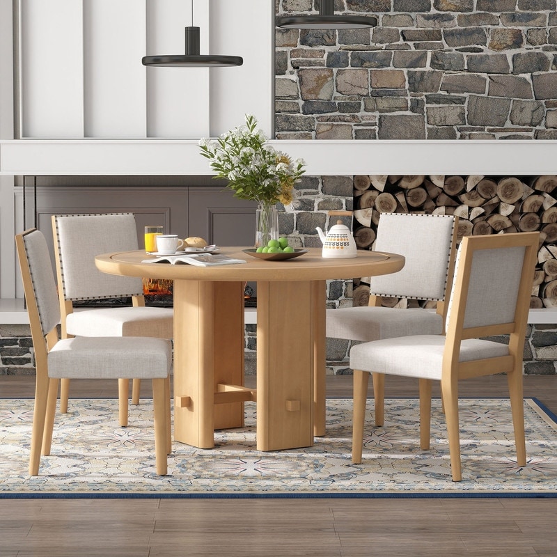 5-Piece Round Dining Table Set for 4, Minimalist Farmhouse Dining Table with 4 Solid Wood Upholstered Chairs, Kitchen