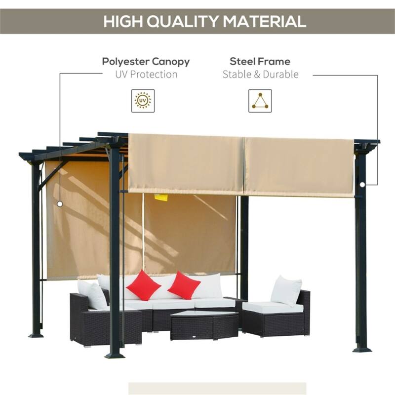Beige and Black Outdoor Pergola with UV-Resistant Sliding Polyester Canopy and Sturdy Steel Frame for Patio Porch Backyard