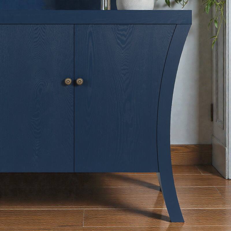 Industrial 4-Door Credenza with Wooden Arc Legs and Bronze Clasps, Modern Storage Cabinet for Living Room