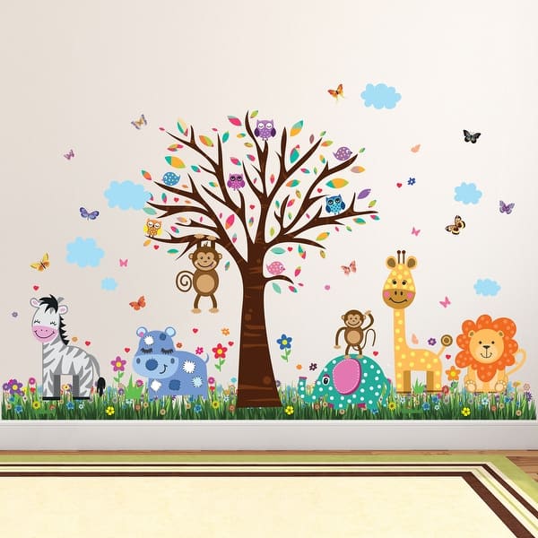 slide 2 of 5, Walplus Happy Animal Zoo Grass Skirting Kid Wall Sticker Nursery Decor