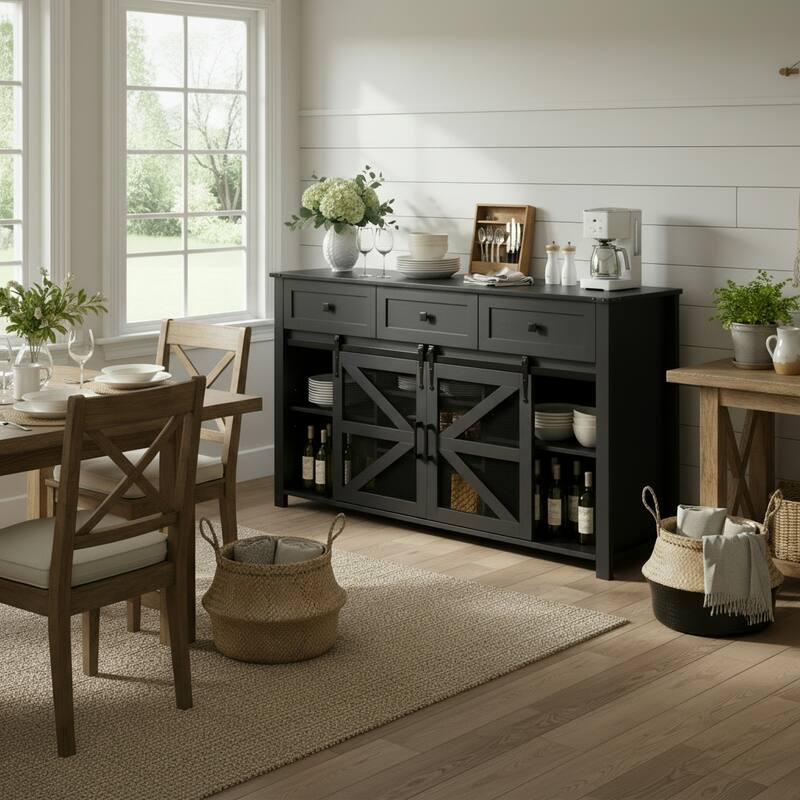 Sliding Barn Door Sideboard with 3 Drawers and Adjustable Shelves, Buffet Cabinet with Metal Mesh and Aluminum Handles