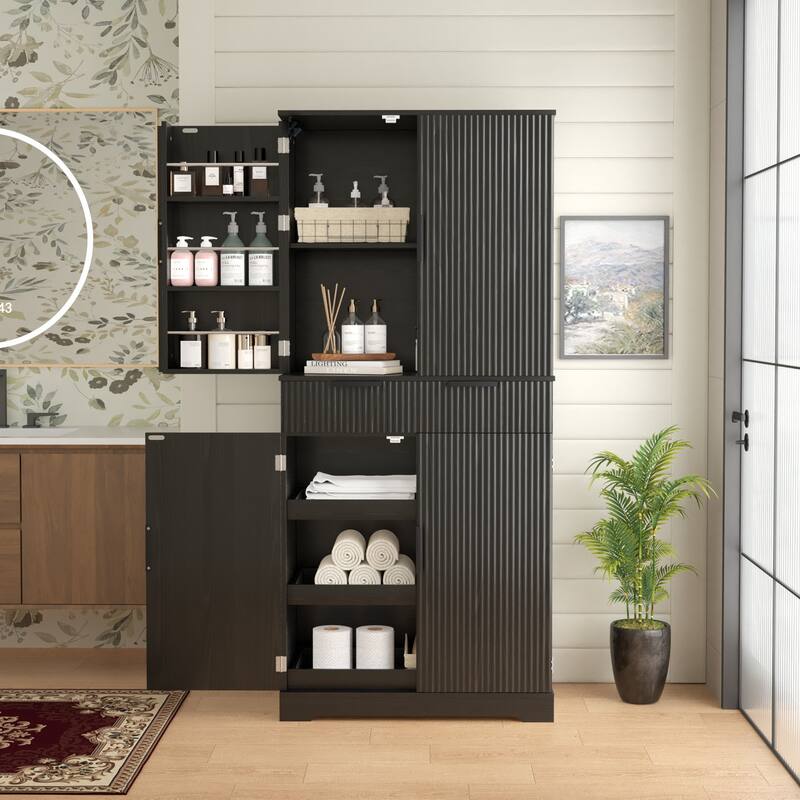 Kitchen Pantry Cabinet with 3 Keyboard Drawers, Freestanding Bathroom Cabinet with 6 Door Shelves Adjustable