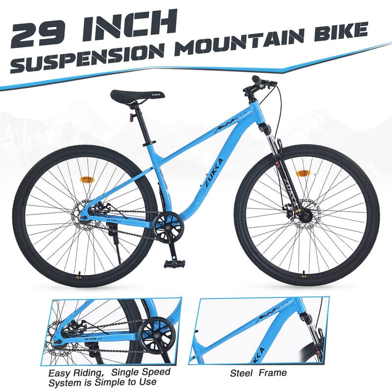 29 Inch Single Speed Mountain Bike with Front Suspension, Double Disc Brakes, Steel Frame for Adults, Boys & Girls