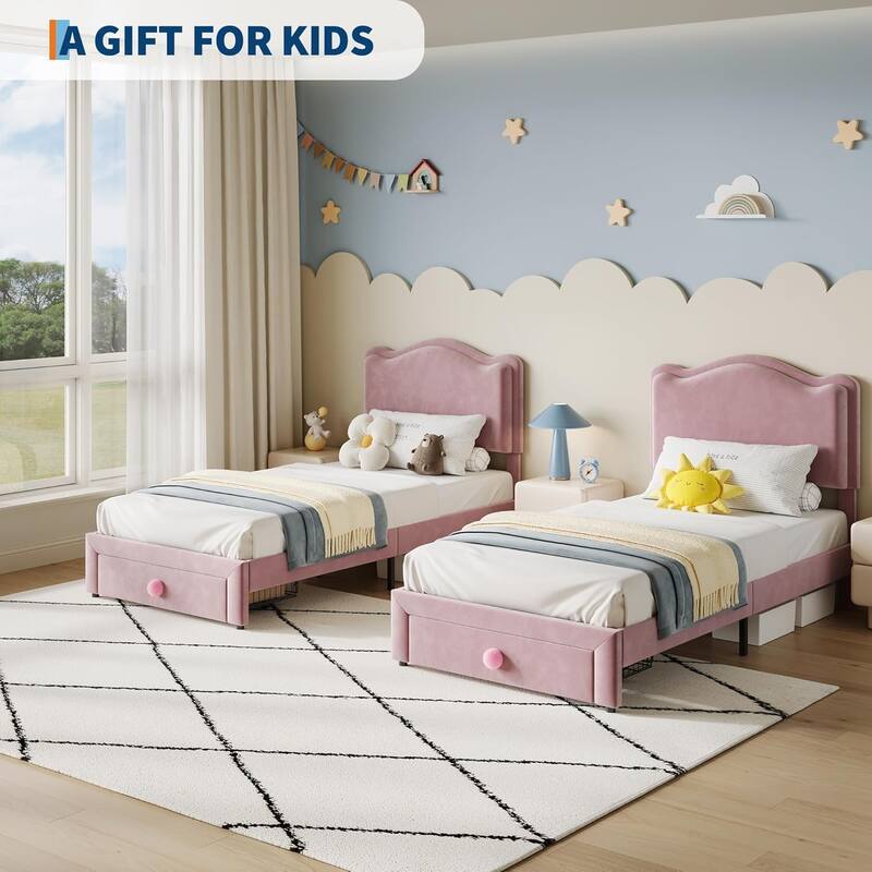 Upholstered Bed Frame for Kids with Storage Drawer and Scallop Headboard, No Box Spring Needed