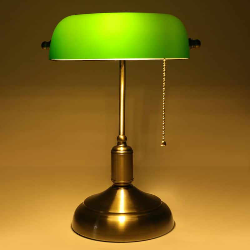 Antique Green Glass Bankers Desk Lamp Table Light w/ Pull Chain Switch - 9x7x15"