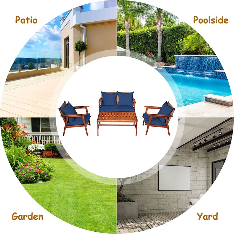 Costway 8PCS Patio Rattan Furniture Set Acacia Wood Frame Cushioned