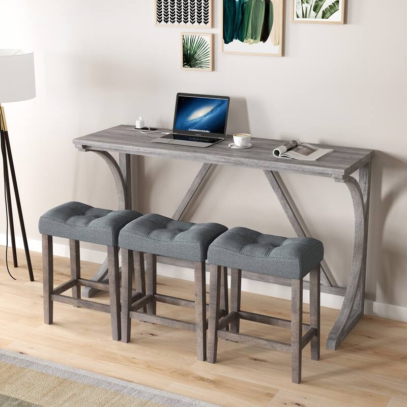 Bar Table Set with Power Outlet,Bar Table and Chairs Set,4 Piece Dining Table Set,Industrial Breakfast Table Set