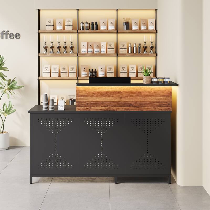 Modern L-Shaped Reception Desk with LED Lights, 60 Inches Front Counter Table for Office, Lobby, Beauty Salon