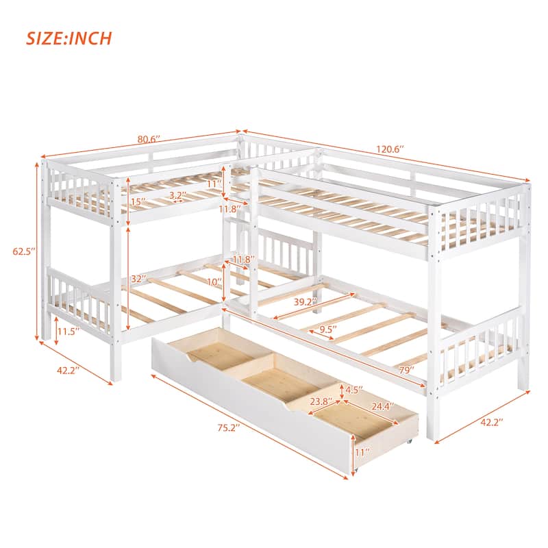 Twin L-Shaped Bunk bed with Drawers-Gray(OLD SKU :LP000038AAE)