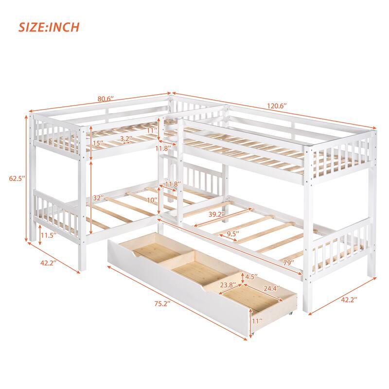 Twin Solid Pine L-Shaped Bunk Bed with Drawers