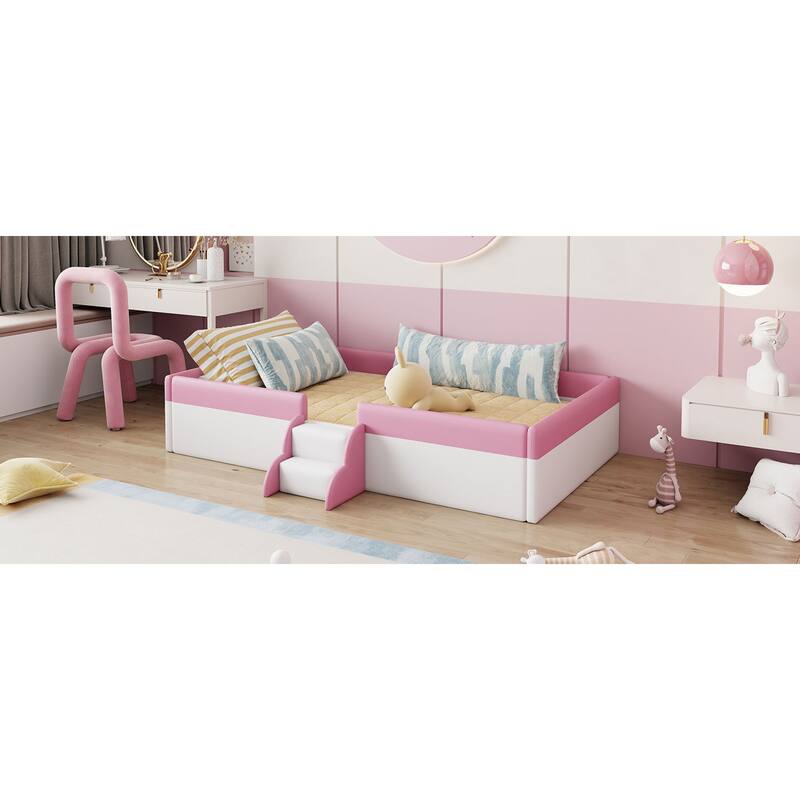 Roomfitters Twin/Full/Queen/King Size Upholstered Daybed Frame with Safety Fence and Stairs, PU Fabric Platform Bed with Slats