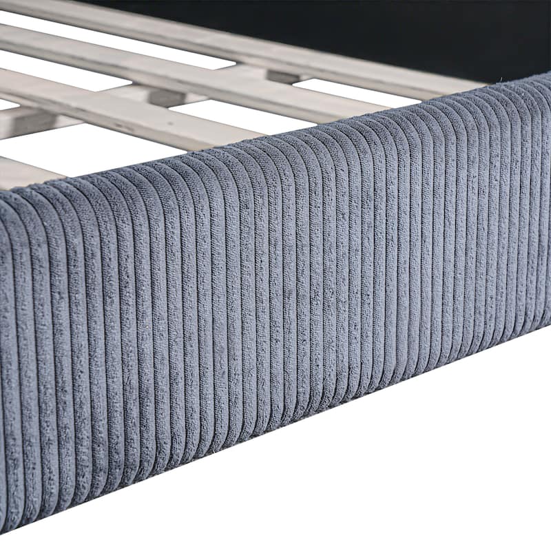 Corduroy Upholstered House Shaped Daybed, Lovely House Floor Bed with LED Light Strips, Full Size Floor Platform Sofa Bed Frame