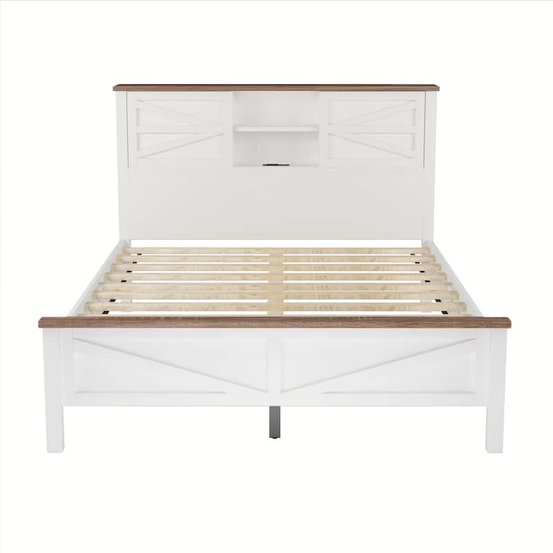 Queen Size Rustic Wood Platform Bed with Double Sliding Barn Door and Charging Station