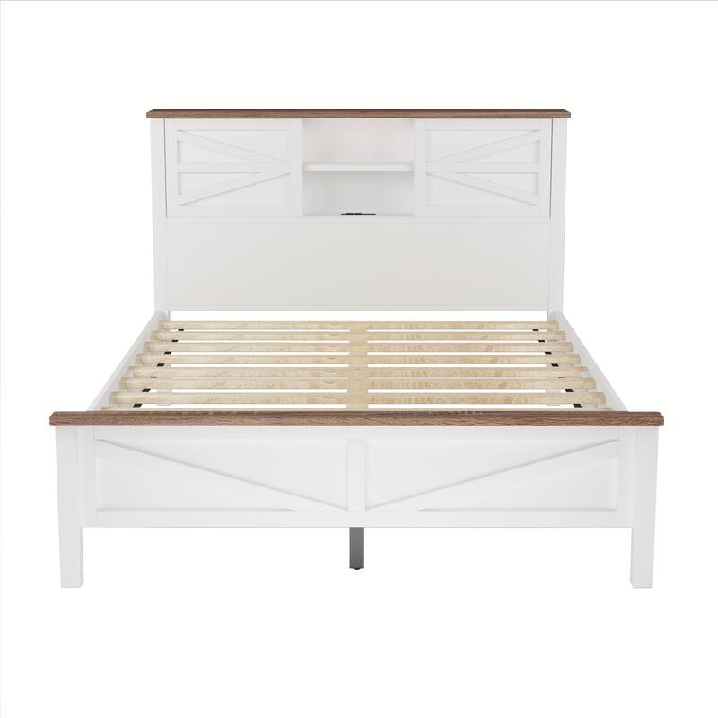 Rustic Wood Bed with Charging Station