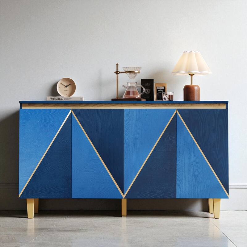 60" Vintage Sideboard Buffet Cabinet with 4 Doors, Adjustable Shelves, Distressed Finish and Cable Holes - Navy