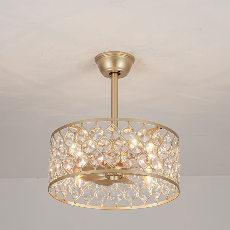 4-Light Luxury Crystal Gold Ceiling Fan Light with Remote for Living Room - 18.5 in. W x 7.9 in. H