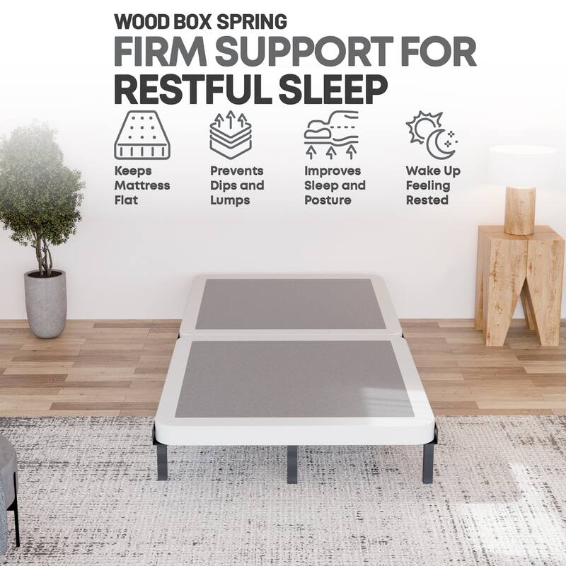 Box Spring Bed Base, 2" Wood Foundation, Quiet Noise Free, 2-Pieces Under Mattress-Support Box Spring, Fully Assembled, White