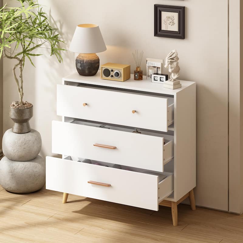 Anmytek 3 Drawer Dresser with Gold Handles Mid Century Modern White Finish Wood Legs Anti Tip for Bedroom Nursery