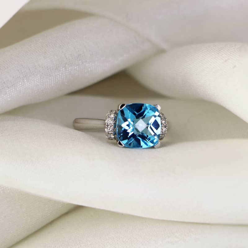 Auriya Unique 3 3/8ct Cushion-cut Swiss Blue Topaz and Diamond Engagement Ring 1/5cttw 14k Gold