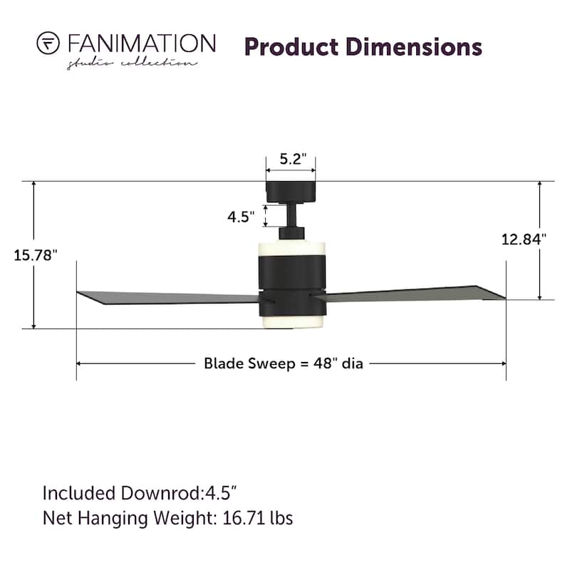 Fanimation Studio Collection Upright 48 inch Black Ceiling Fan with LED Light and Remote