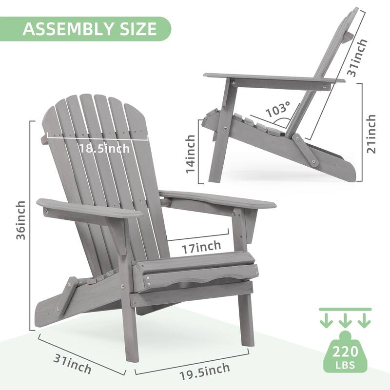Solid Wood Folding Adirondack Chair with Wide Armrests Set of 2 - 19.5” W x 31” D x 36” H
