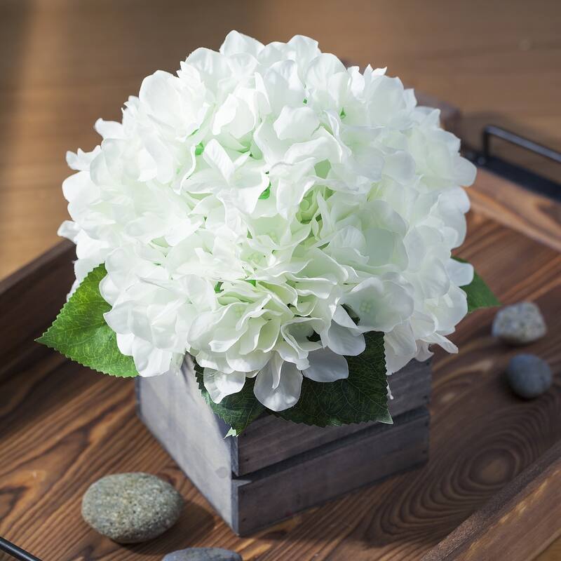Enova Home Artificial Silk Hydrangea Fake Flowers Arrangement in Wood Planter for Home Office Wedding Decoration