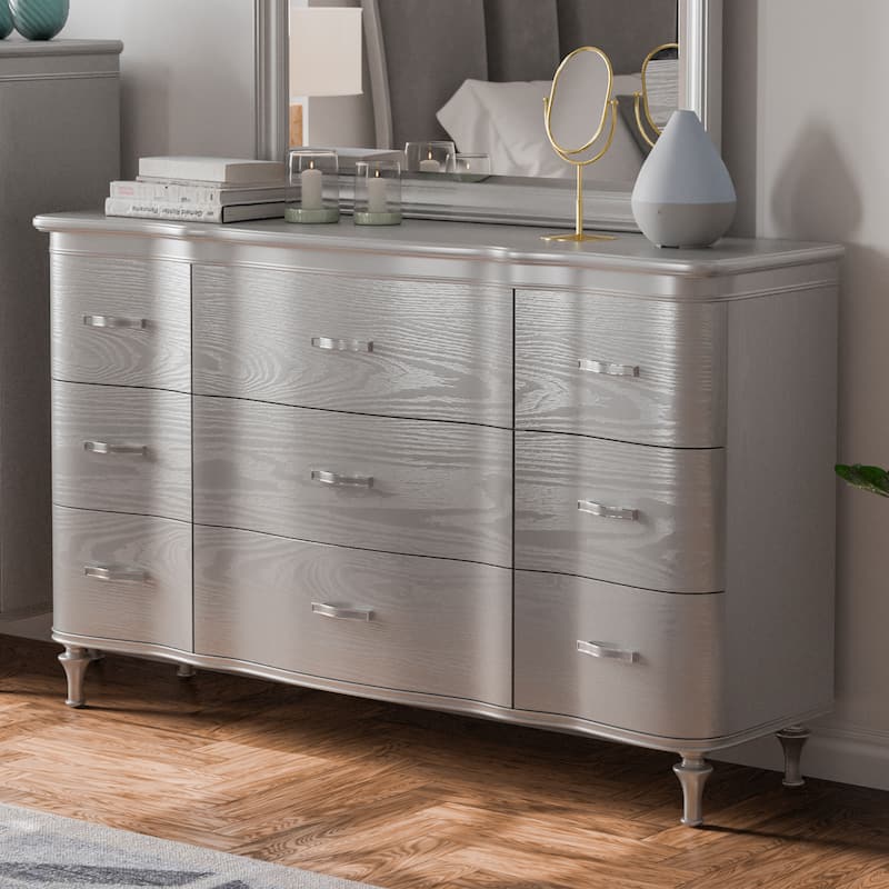 Furniture of America Seabliss Glam Solid Wood 9-Drawer Double Dresser - Silver