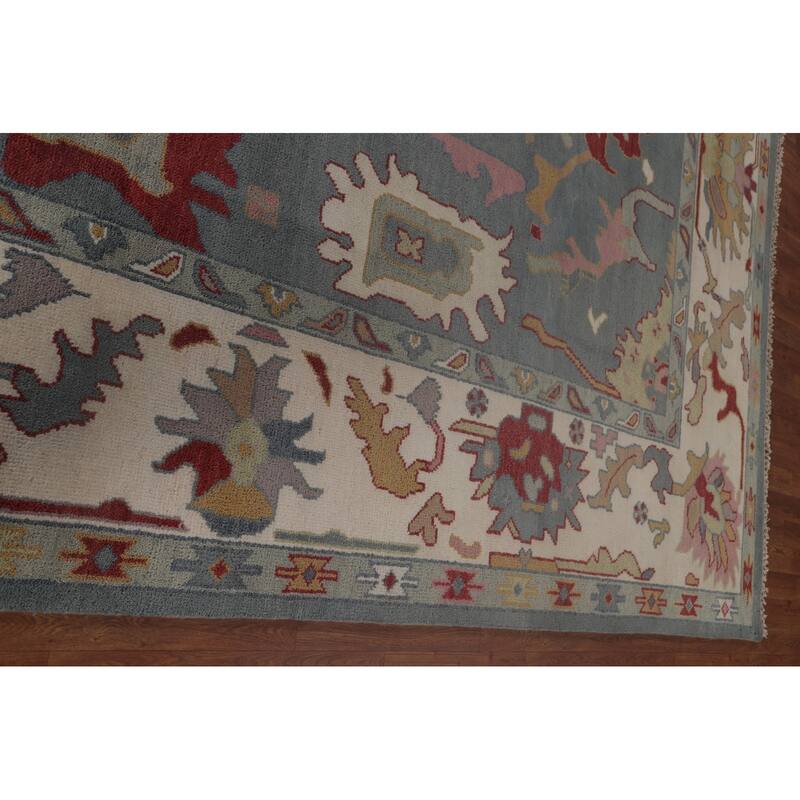 Floral Blue Oushak Area Rug Handmade Wool Carpet - 9'3"x 11'10"